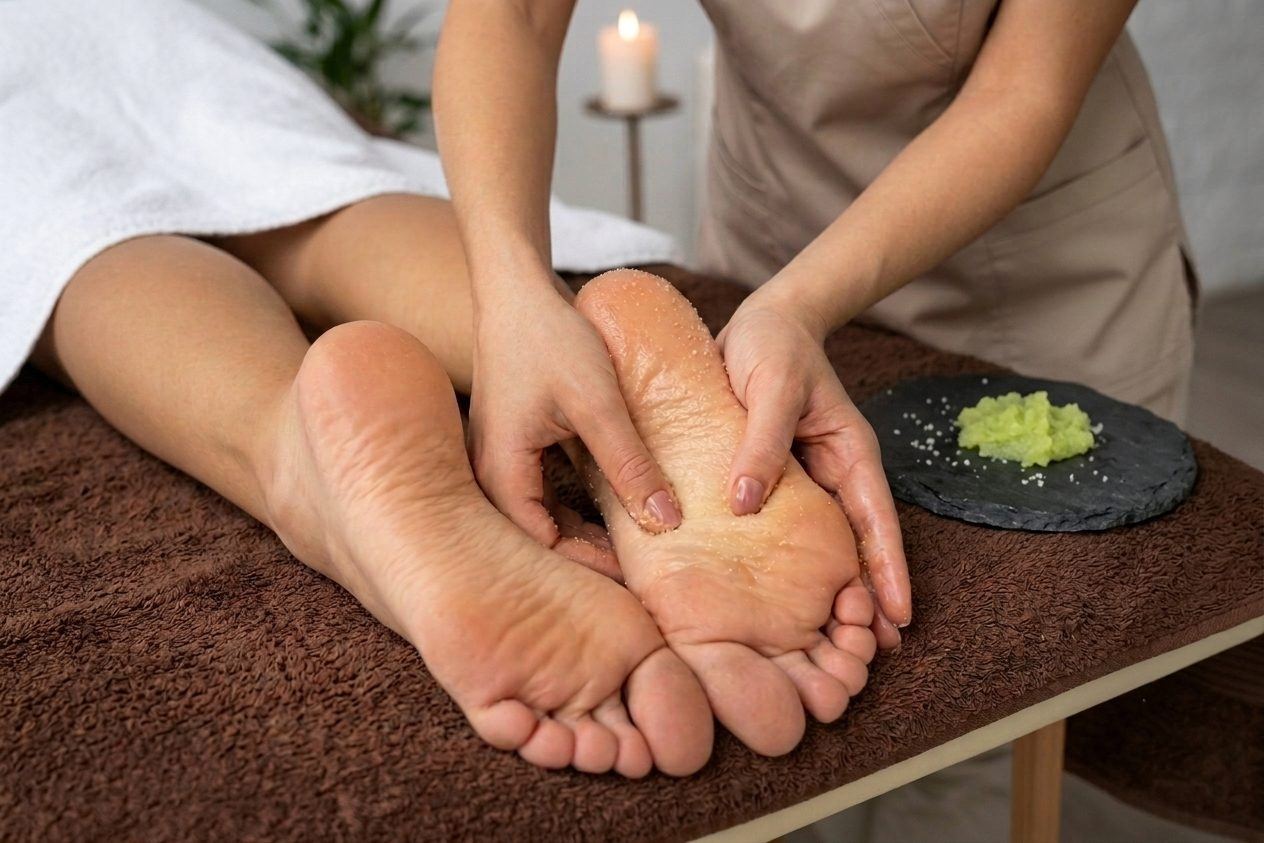 Reflexologia podal — estimulação de pontos reflexos nos pés