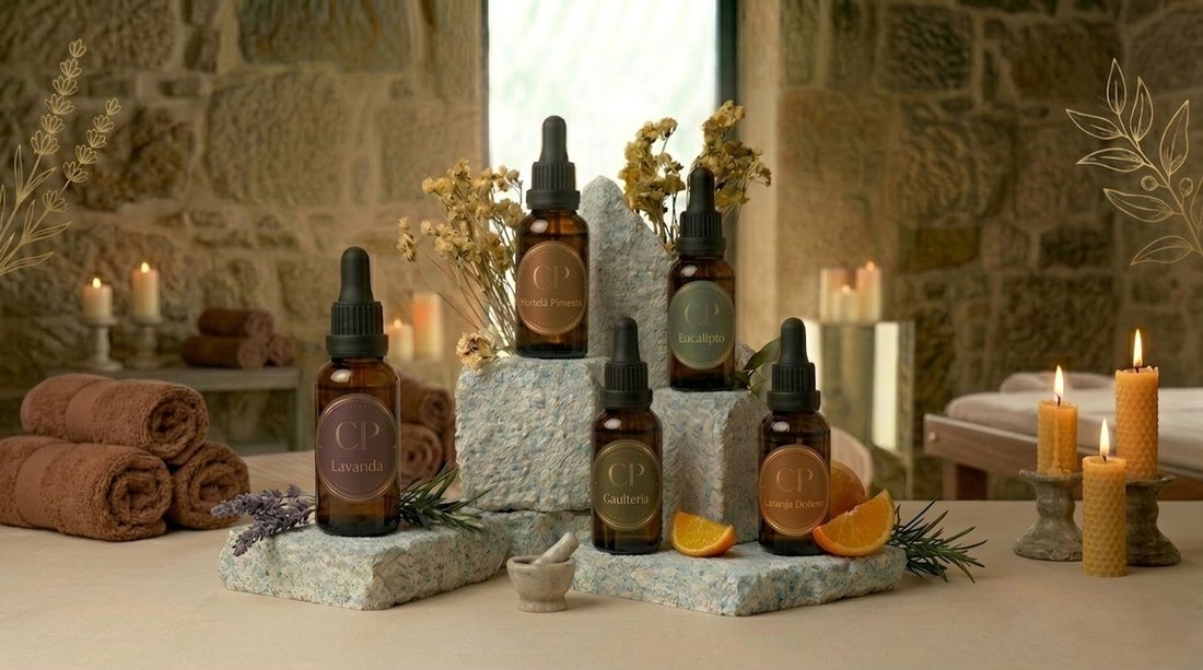 Frascos de óleos essenciais para massagem com aromaterapia