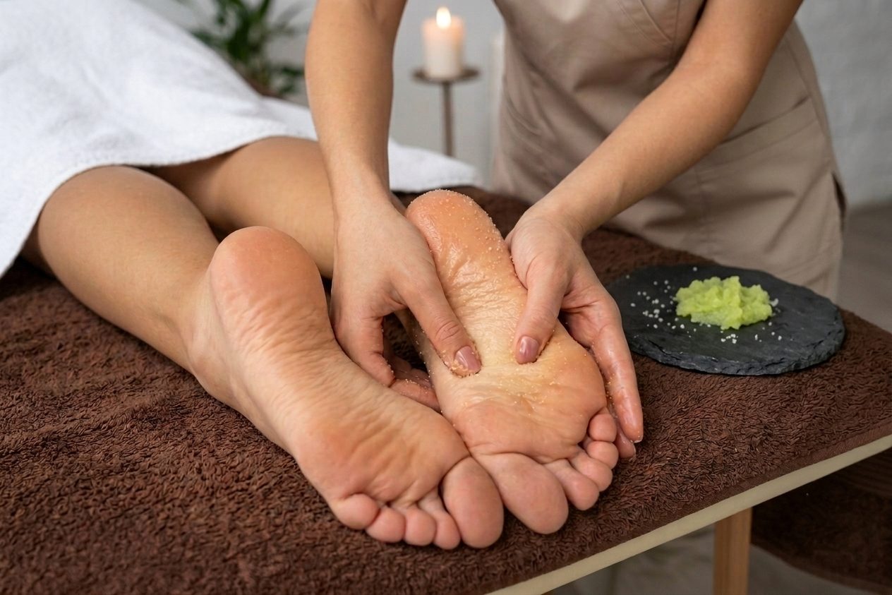 Reflexologia podal — estimulação de pontos reflexos nos pés